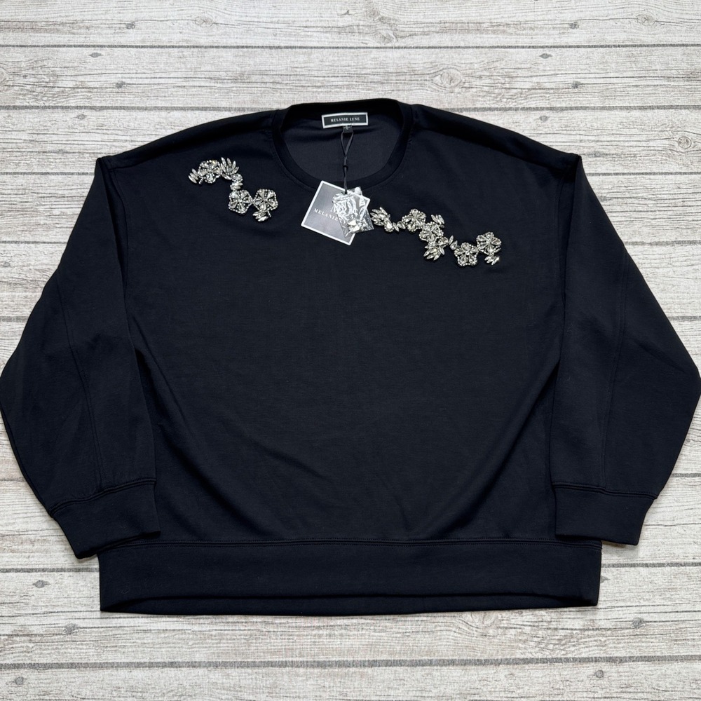 NEW Melanie Lyne Sweatshirt Women's Large Black Rhinestone Embellished Pullover
